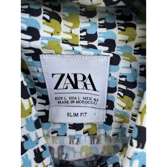 ZARA Short Sleeve Elephant Print Button Down Shirt Size Large Slim Fit - Picture 4 of 6